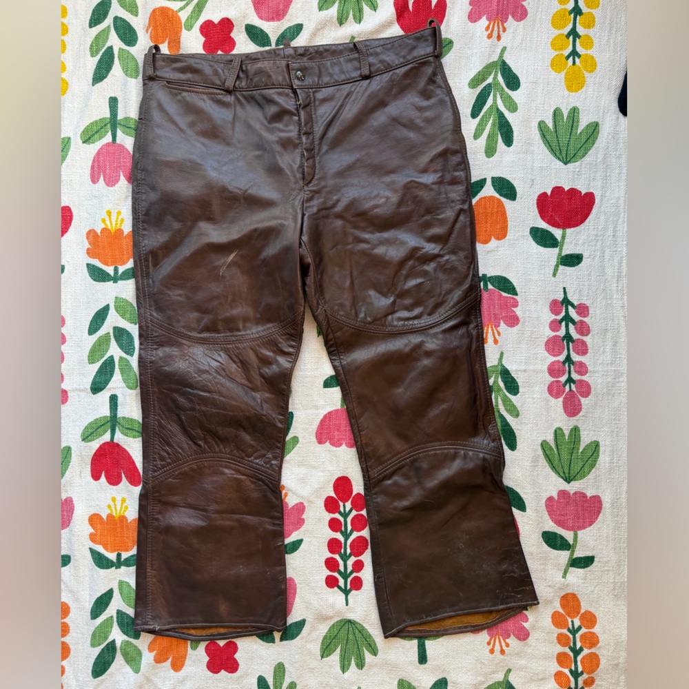 Vintage 1970s AMF Harley Davidson Leather Pants Size 38x26 Brown Biker Chaps